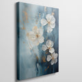 Framed canvas print of blue and gold abstract floral artwork