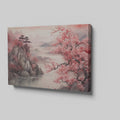 Framed canvas print of Oriental landscape with cherry blossoms and misty mountains