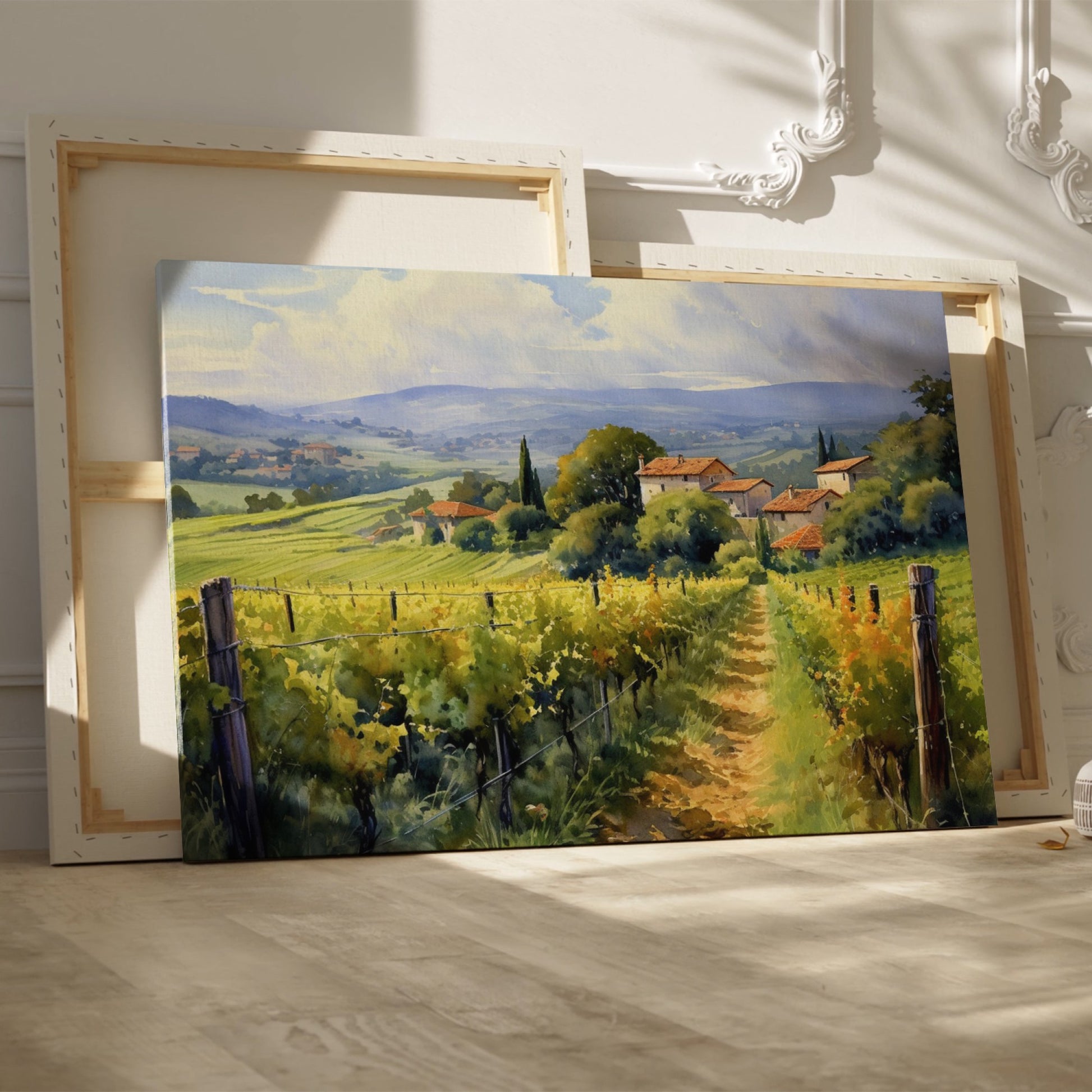 Framed canvas print of Tuscan vineyard and countryside landscape with vibrant colours and rustic farmhouses