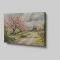 Framed canvas print of a picturesque countryside with cherry blossoms and a farmhouse