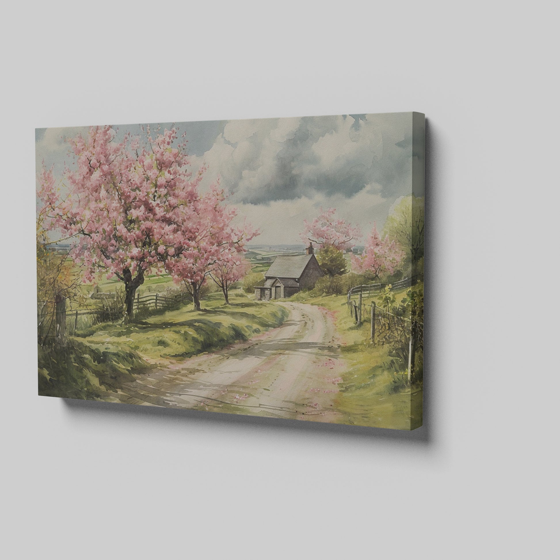 Framed canvas print of a picturesque countryside with cherry blossoms and a farmhouse