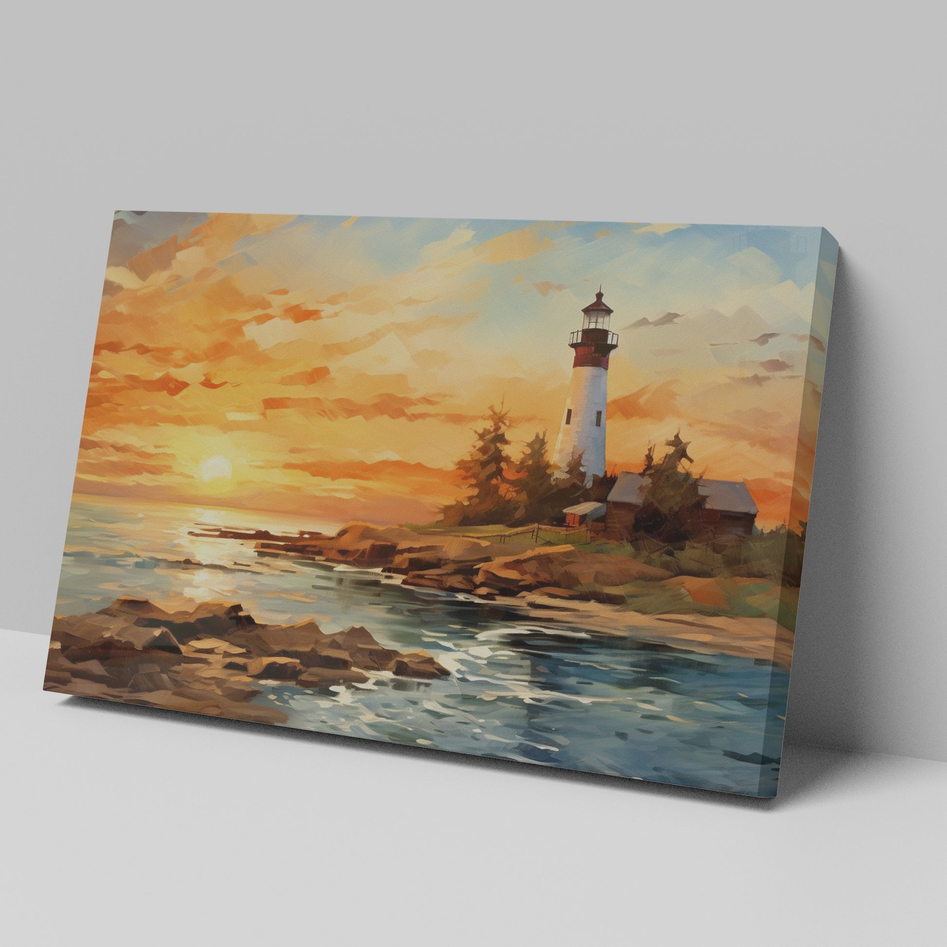 Framed canvas print of a lighthouse overlooking the ocean at sunset with vibrant sky and calm water reflections