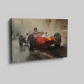 Framed canvas print of a vintage formula racing car in action with warm tones.