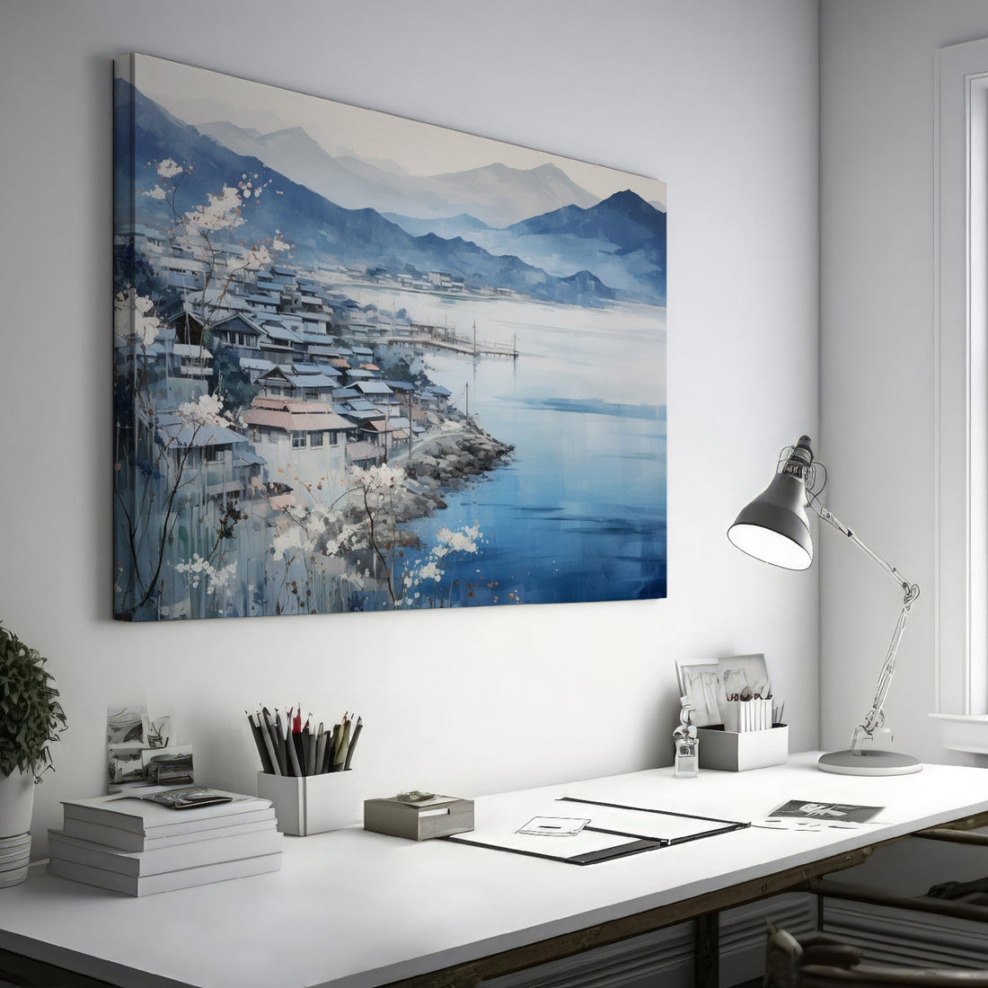 Canvas art of a tranquil lakeside village with cherry blossoms, mountains, and subtle color palette.