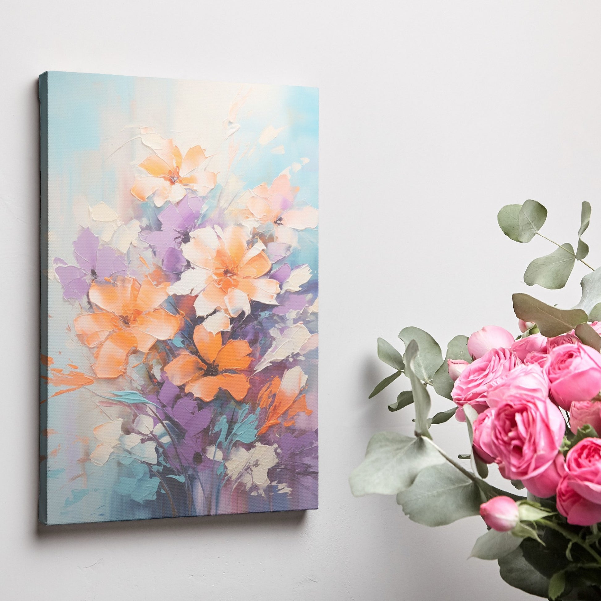 Framed canvas print of vibrant impasto style flowers with heavy texture in vivid orange and purple hues