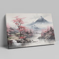 Framed canvas print of Asian landscape with cherry blossoms and misty mountain scenery