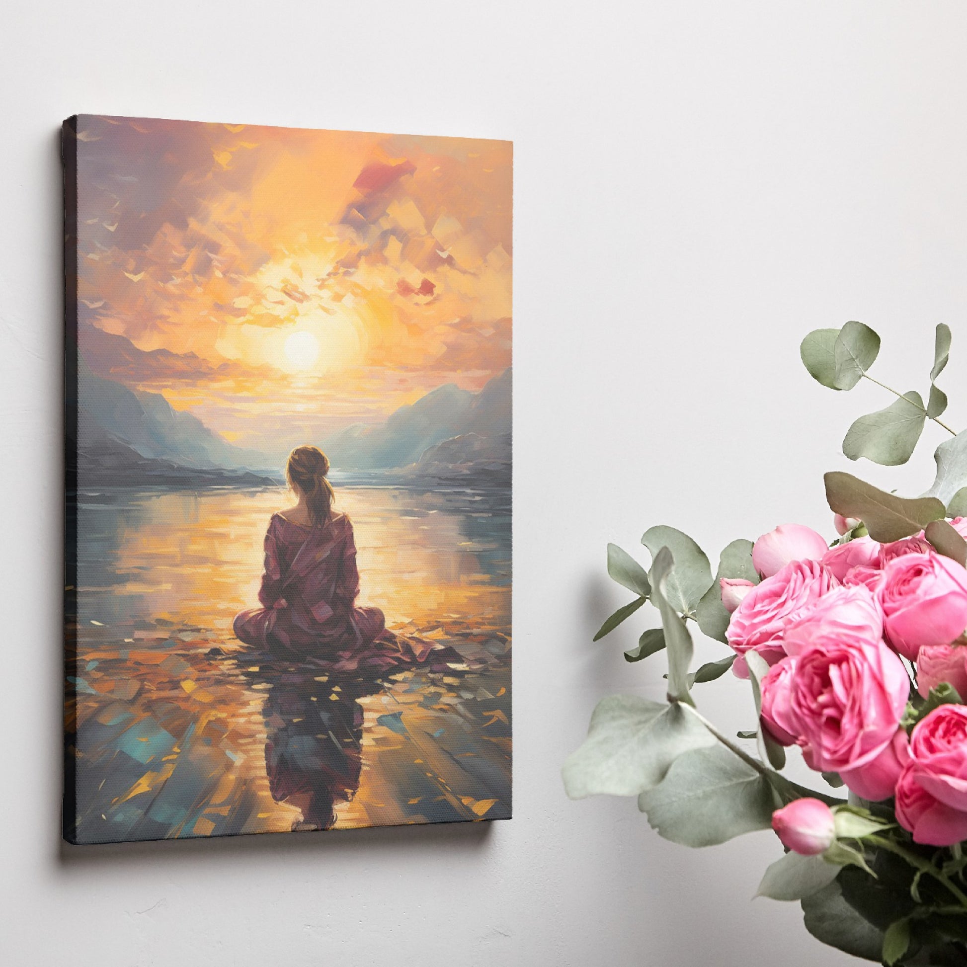 Framed canvas print of a contemplative figure at lakeside during sunset, with vivid warm colours and impressionist style