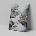 Framed canvas print of a misty river waterfall amid rugged rocks and a serene forest