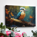 Framed canvas print featuring a vibrant digital art depiction of a kingfisher with autumnal elements