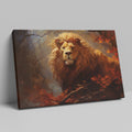 Framed canvas print of a majestic lion in an autumn forest with vibrant red and orange leaves