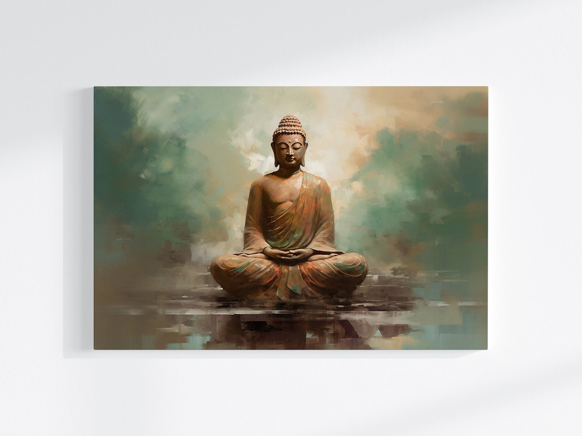 Framed canvas print of a meditative Buddha in earthy browns and soft blues