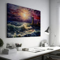 Framed canvas print of a dramatic sunset over a tempestuous sea with a lighthouse