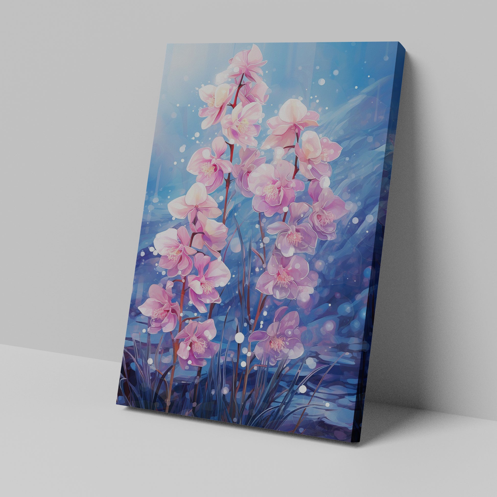 Framed canvas print of serene pink orchids with reflective water in an illustrative style