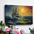 Framed canvas print of an impressionist painting featuring a sailing ship on vibrant sunset seas