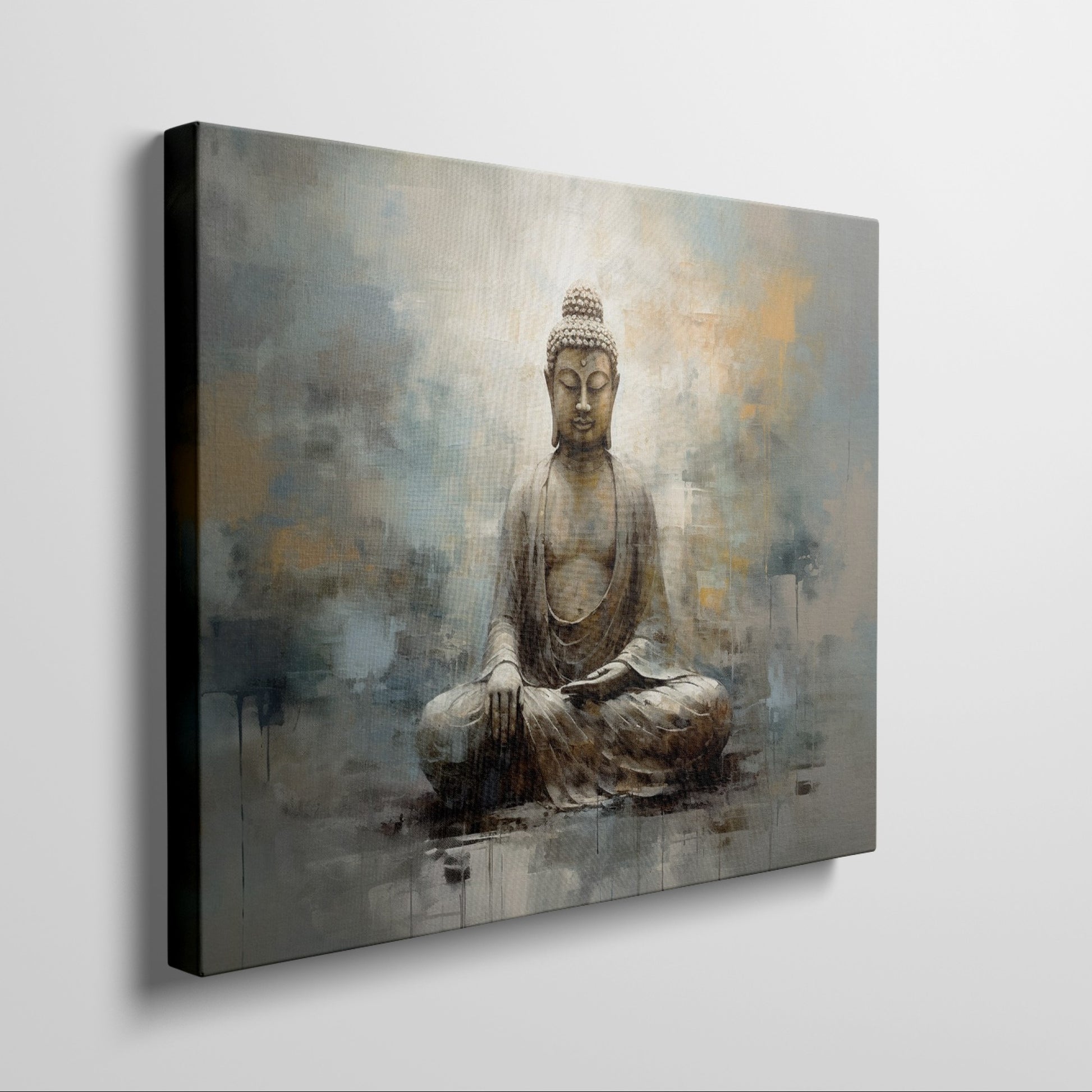 Framed canvas print of a serene Buddha in abstract style with earthy, golden hues