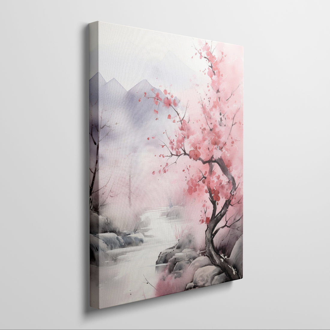 Framed canvas print of a misty cherry blossom landscape with pink florals and soft mountain backdrop