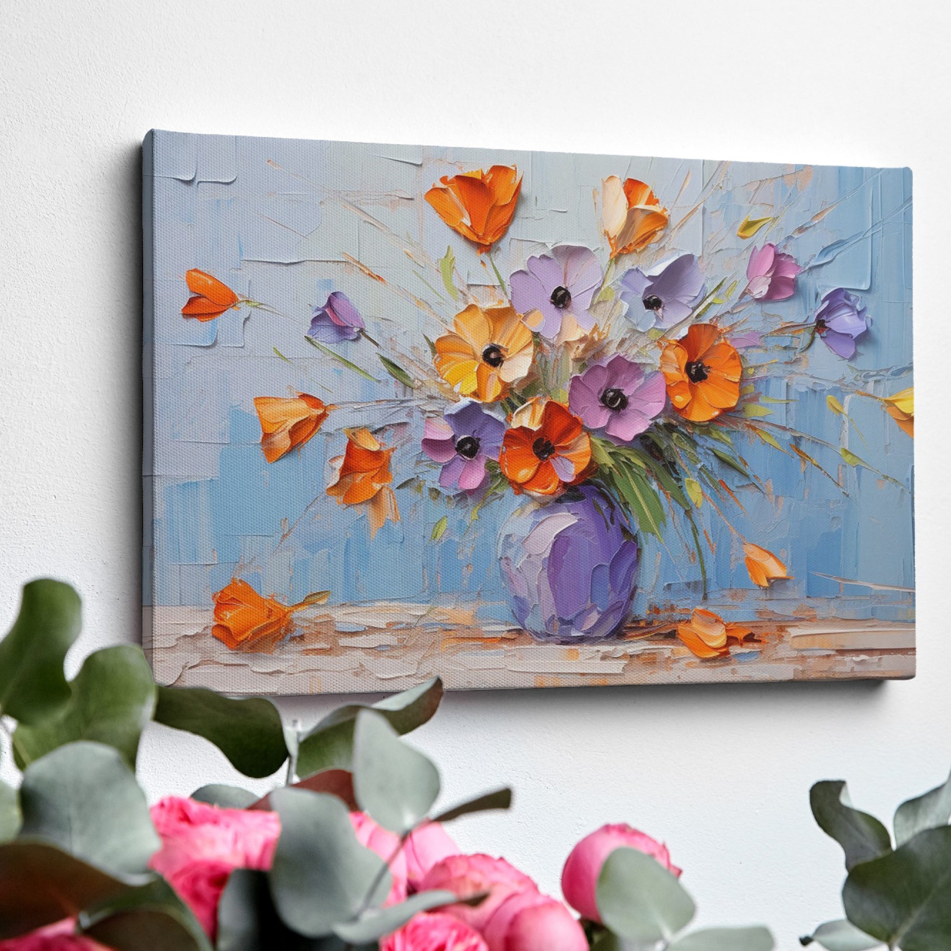 Framed canvas print of textured impasto poppies in a purple vase against a blue background