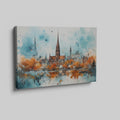 Framed canvas print of impressionist watercolor cityscape with autumn colors and urban reflection