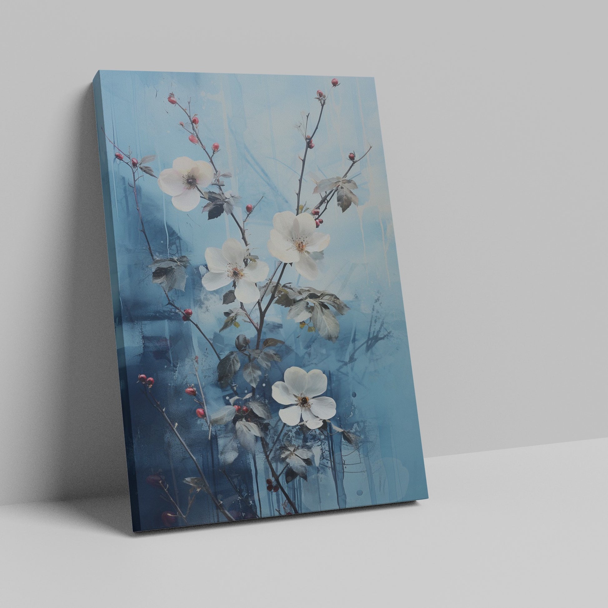 Framed canvas print of ethereal white blossoms with red berries against a textured blue abstract background