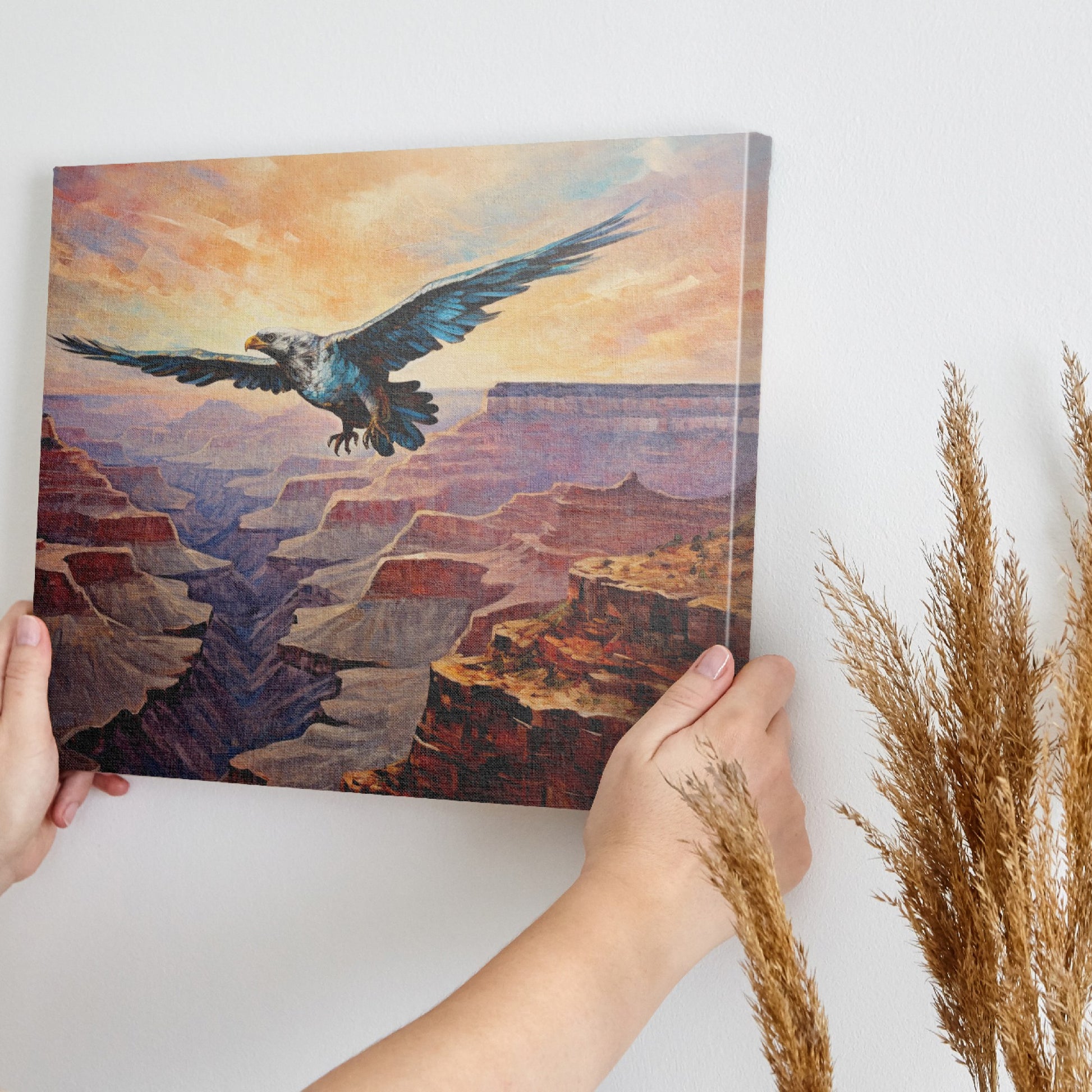 Framed canvas print of a majestic eagle flying over a dramatic canyon landscape at sunset