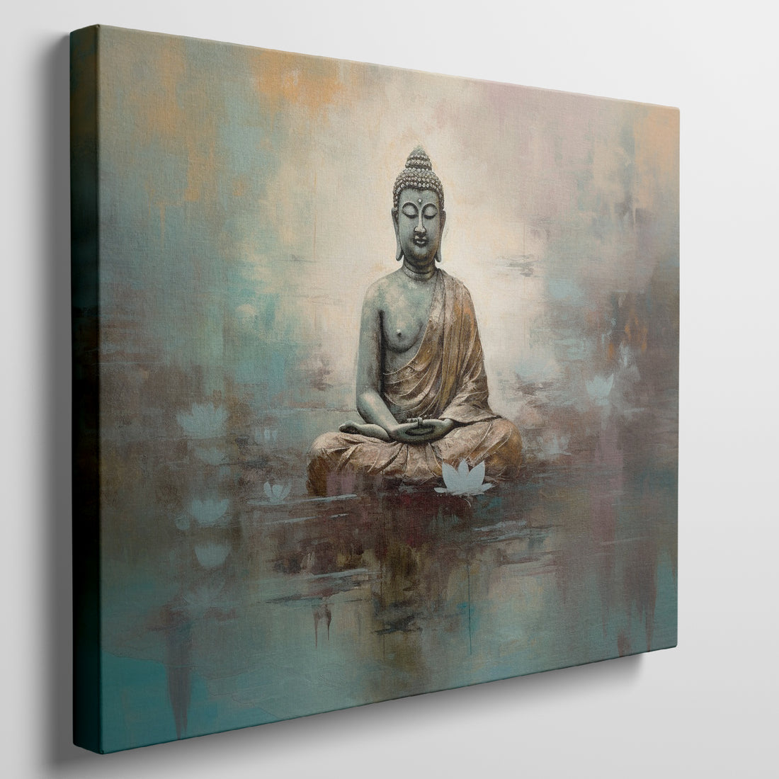 Framed canvas print of a serene Buddha sitting in meditation with lotus flowers reflected in water