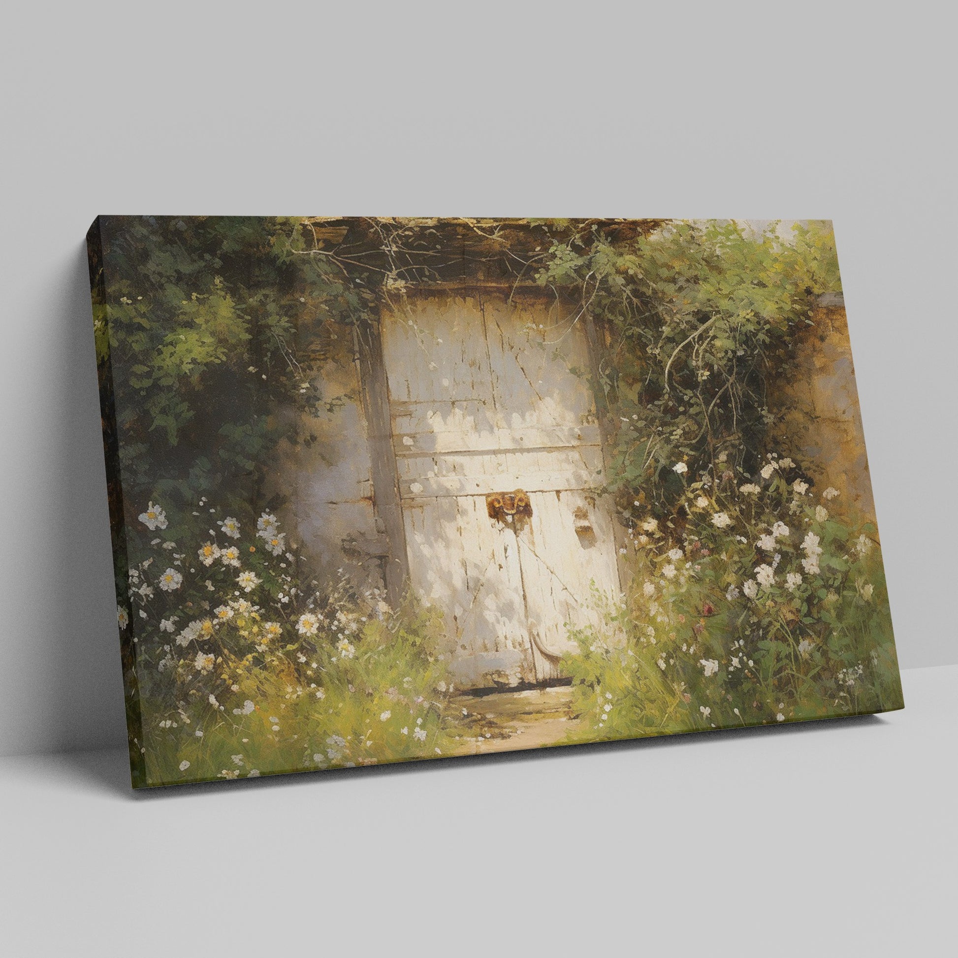 Framed canvas print of a rustic wooden door surrounded by an overgrown floral garden