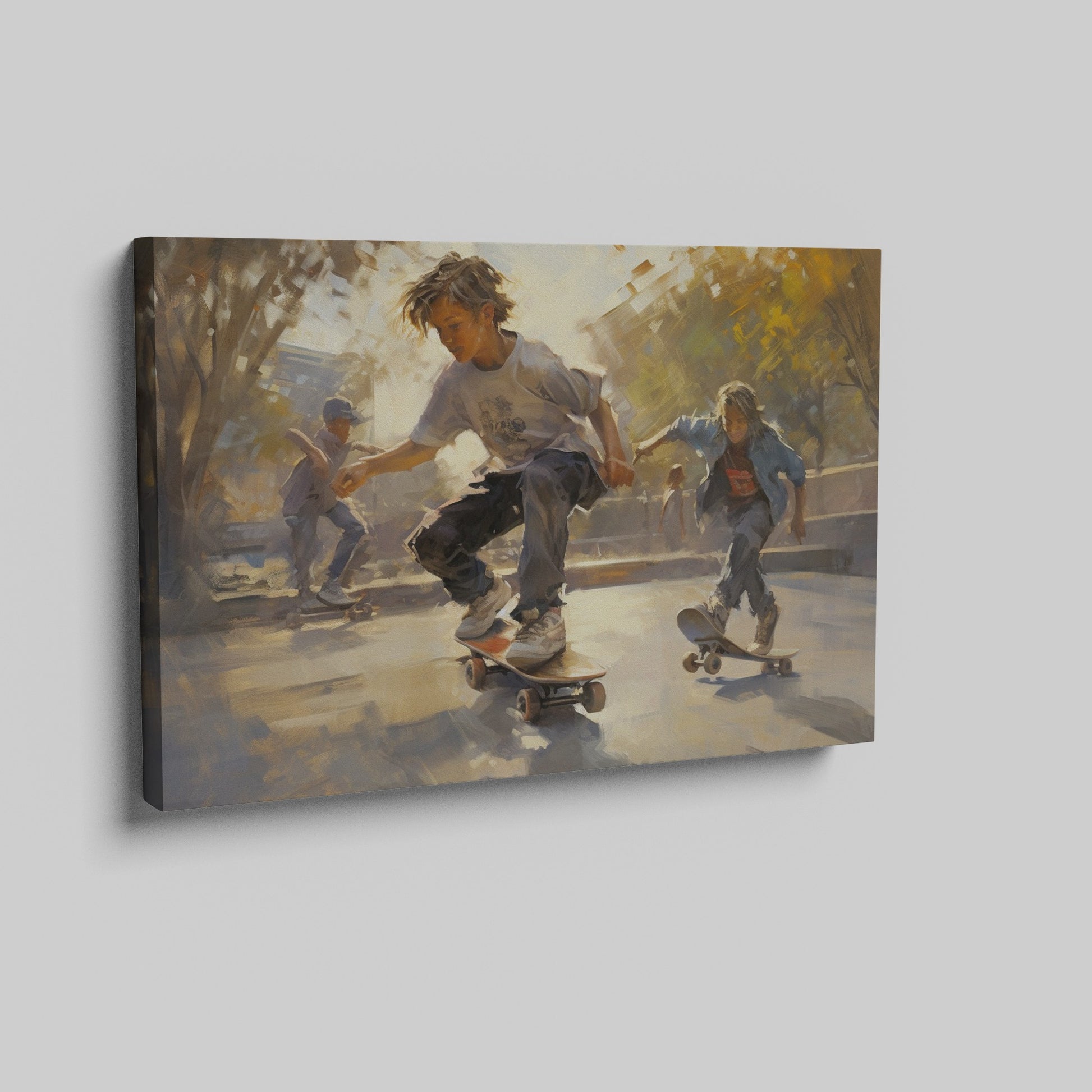 Framed canvas print capturing the movement and energy of young skateboarders at a sunlit urban skatepark