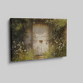 Framed canvas print of a rustic wooden door surrounded by an overgrown floral garden