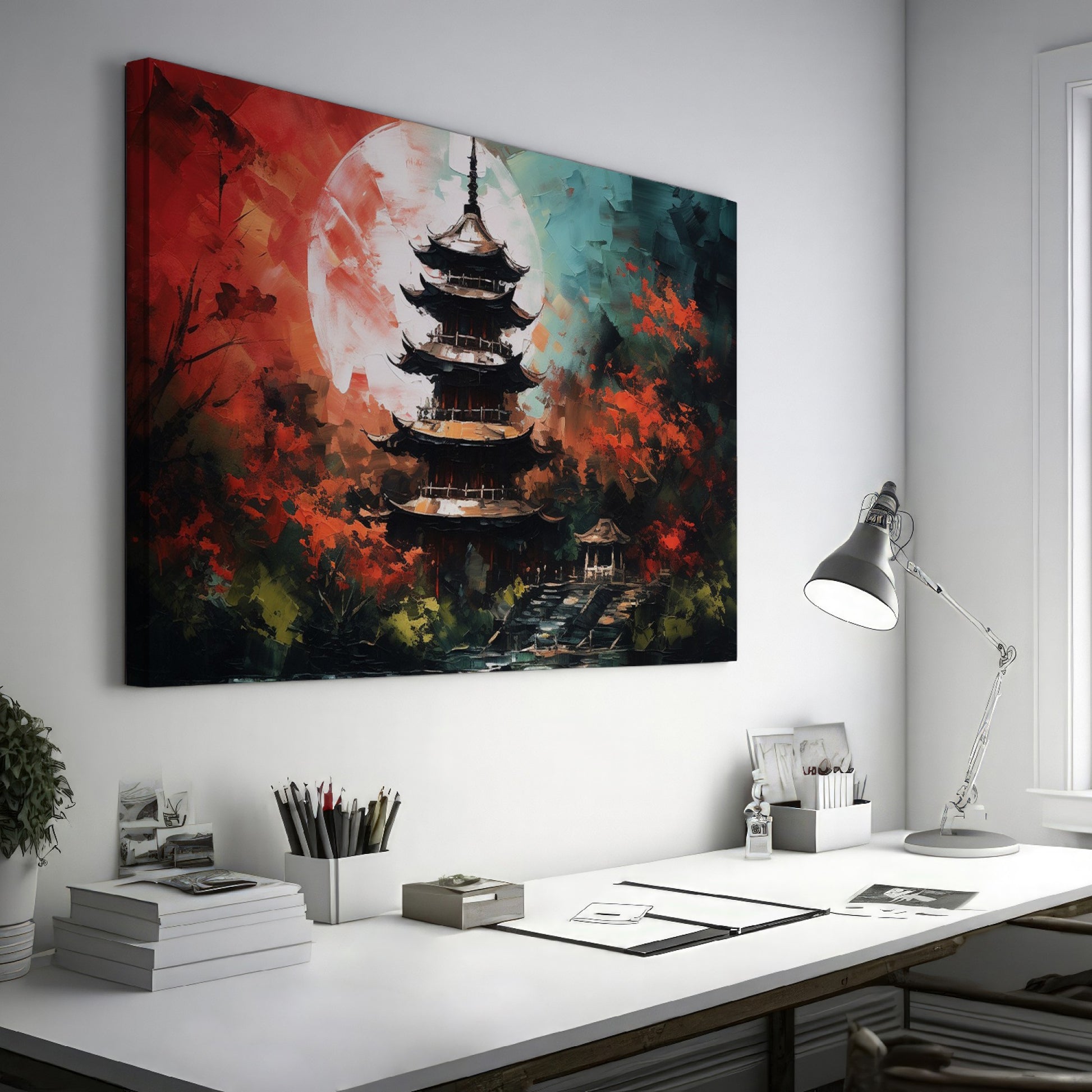 Framed canvas print of an oriental pagoda in crimson and teal colours with moonlit scenery