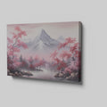 Framed canvas print of serene mountain landscape with pink cherry blossoms and mist