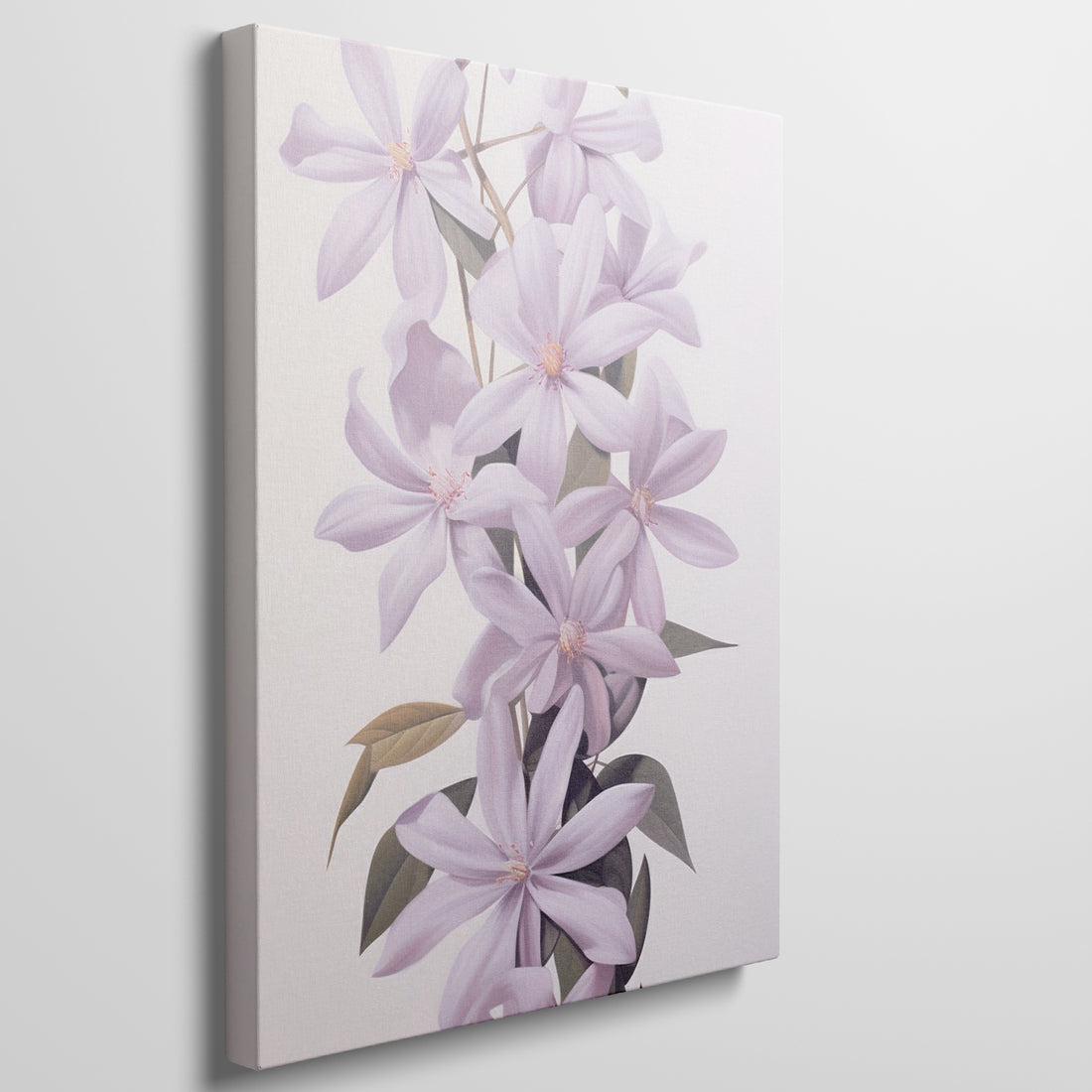 Framed canvas print of delicate lilac blossoms with pastel purple petals and green leaves