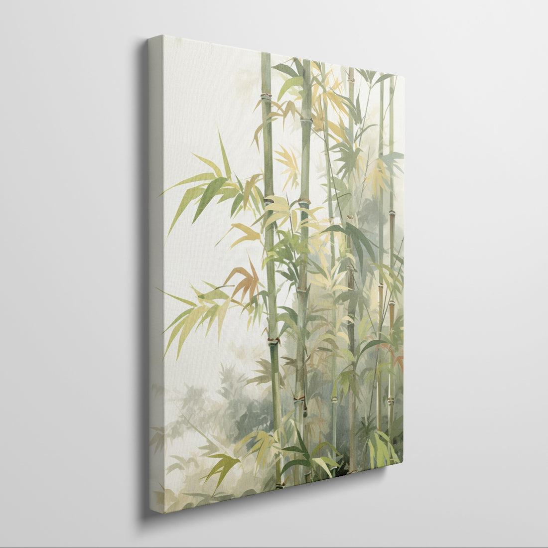 Framed canvas print of a tranquil bamboo grove in warm and cool shades, ideal for a nature-inspired interior