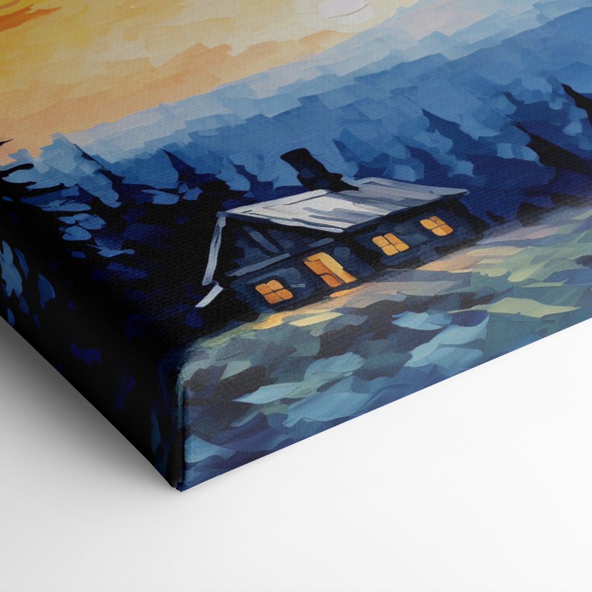 Framed canvas print of a mountain sunrise with a rustic cabin amongst pine trees