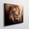 Framed canvas print of a resplendent lion with a fiery mane in earthy tones