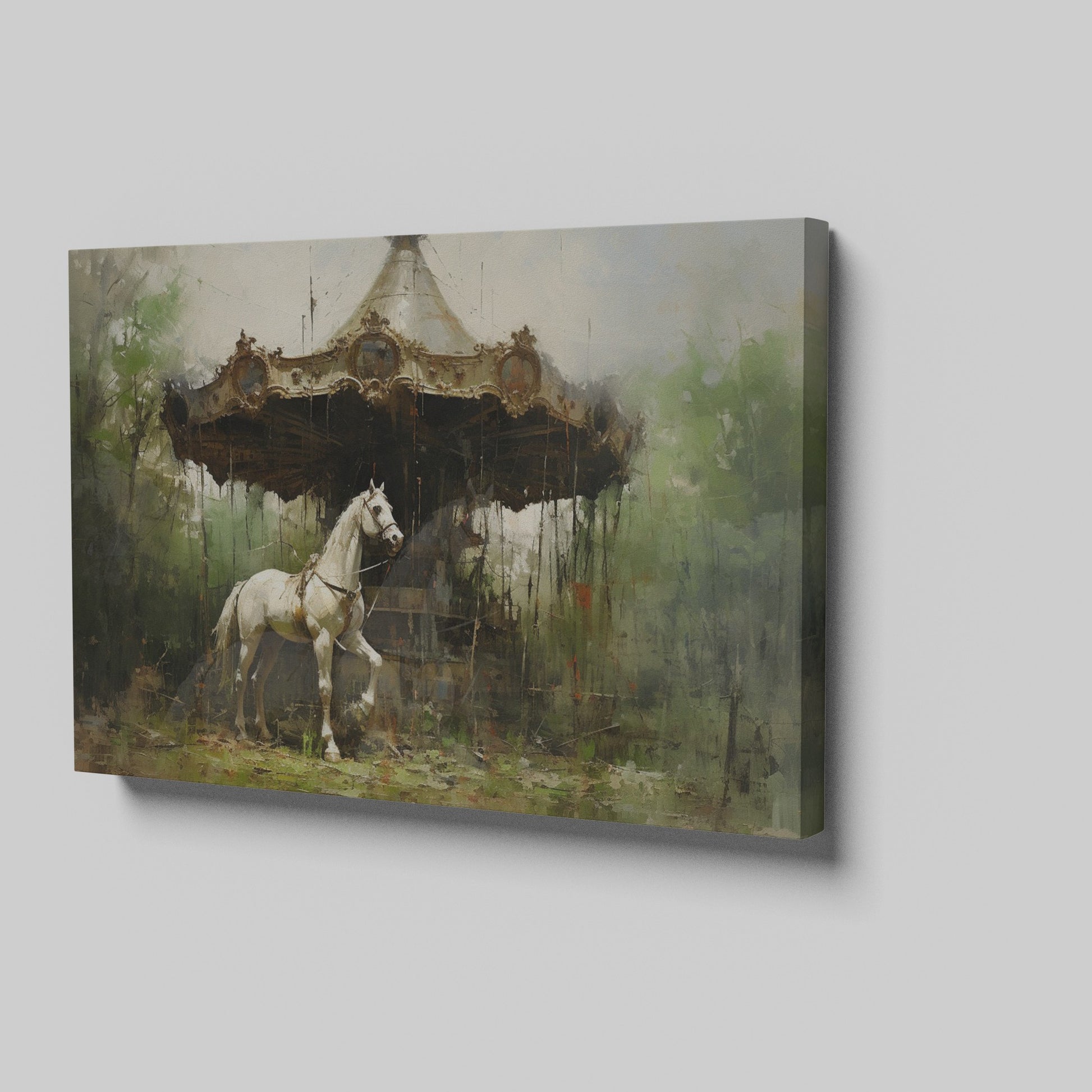 Framed canvas print of a nostalgic vintage carousel horse infront of a forgotten carousel