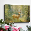 Framed canvas print of an Impressionist-style painting depicting a deer in a luminous, green forest