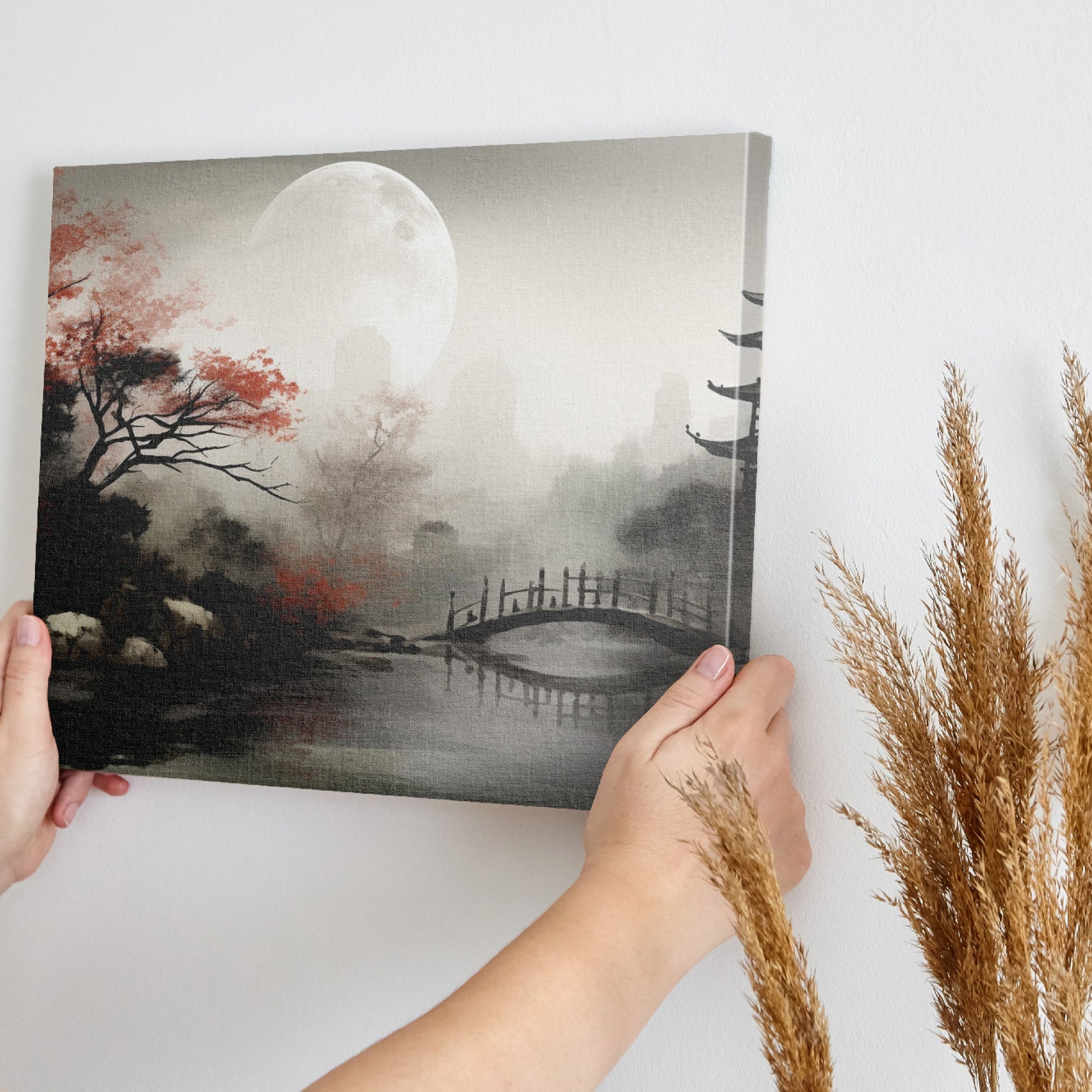 Framed canvas print of a serene Oriental landscape with a moonlit pagoda, red autumn leaves and a tranquil lake