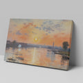 Framed canvas print of impressionist river landscape at sunset with vibrant orange and blue hues