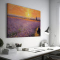 Framed canvas print of an impressionist lavender field with a person at sunset displaying warm sunset colours