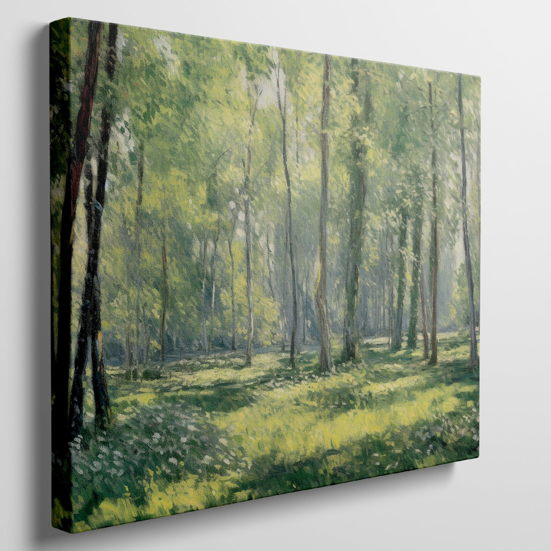Impressionist painting of a sun-dappled forest with lush green trees and a path.
