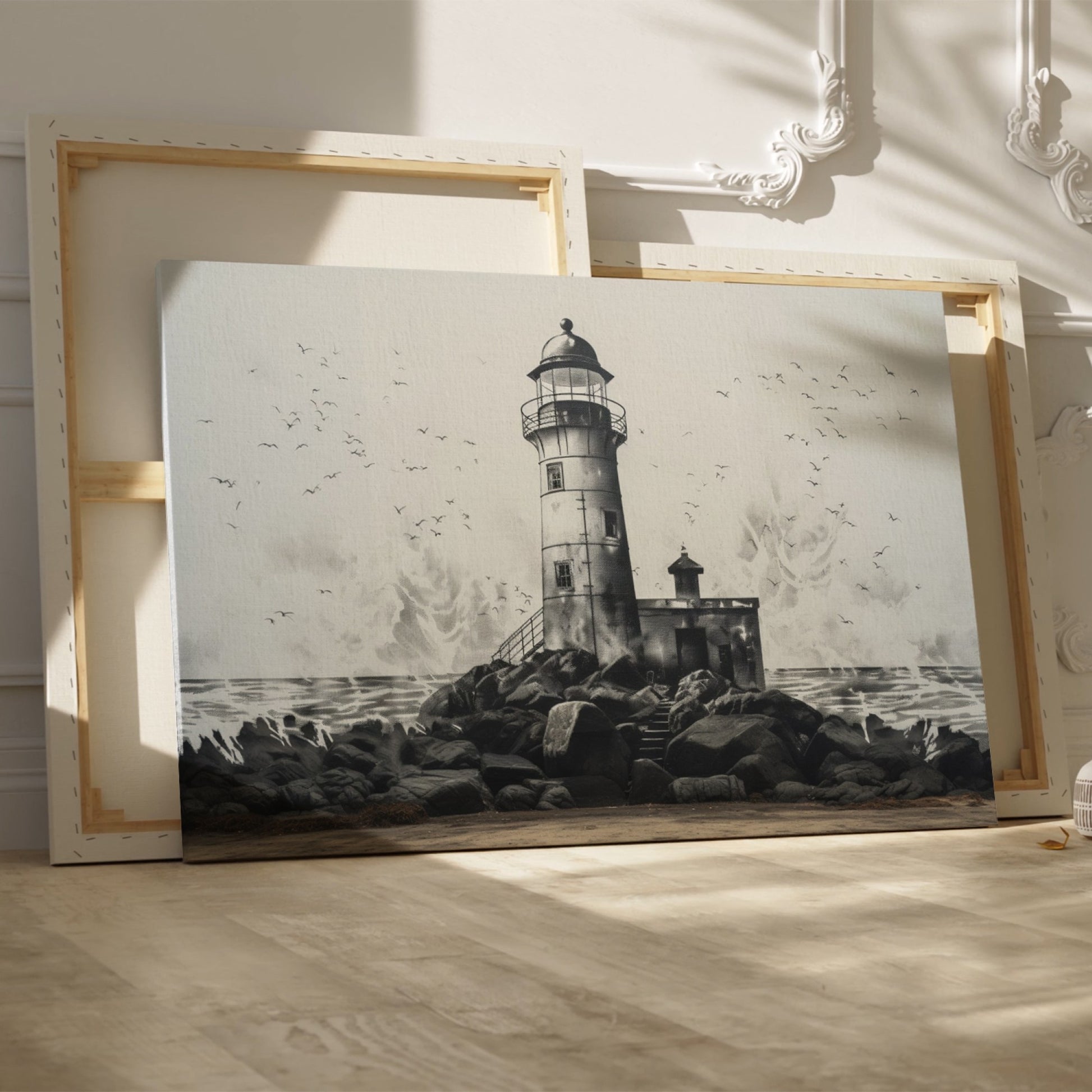 Framed canvas print of a monochrome lighthouse and seagulls on a rocky coastline