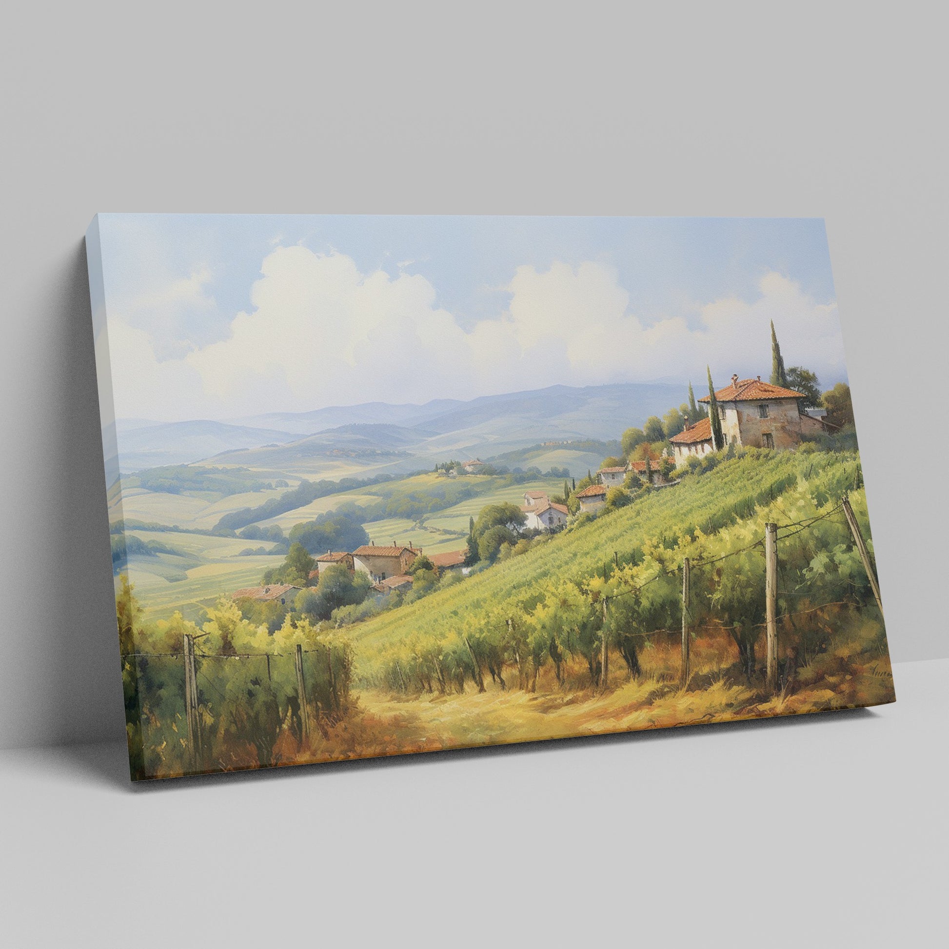 Framed canvas print of a sunny Tuscan landscape with vineyards and rustic houses