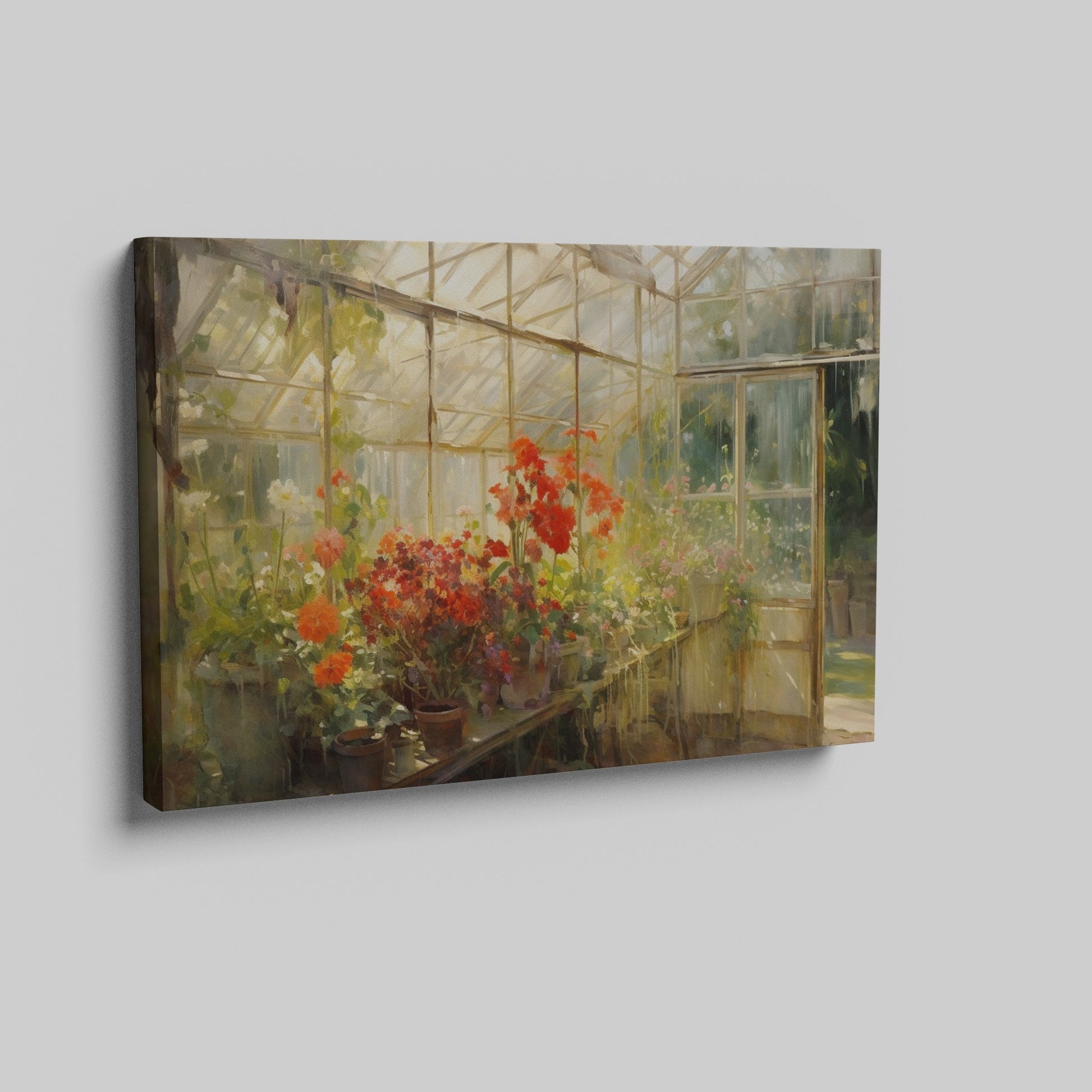 Framed canvas print of a vibrant greenhouse scene with blooming flowers and sunlit warmth