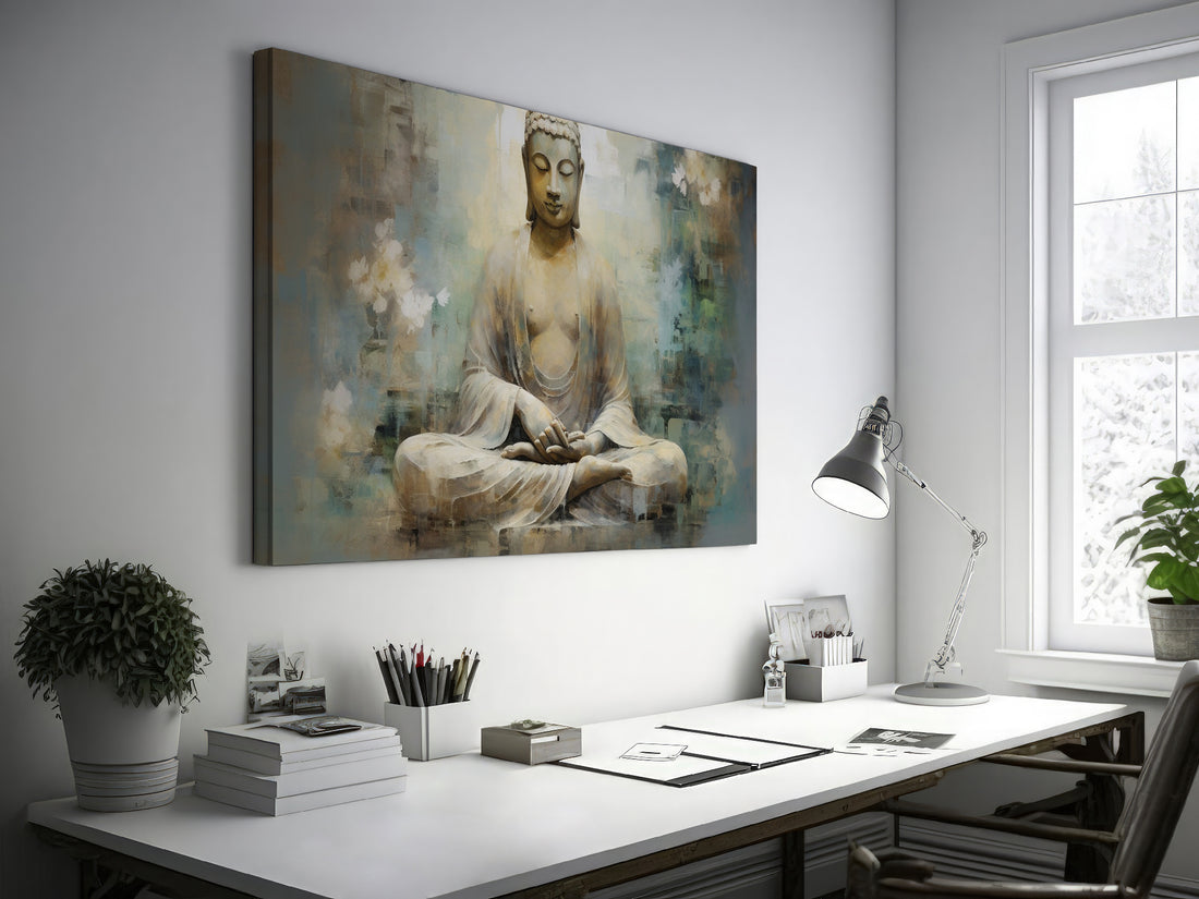 Framed canvas print of a serene Buddha in meditation with ethereal blue and earthy tones