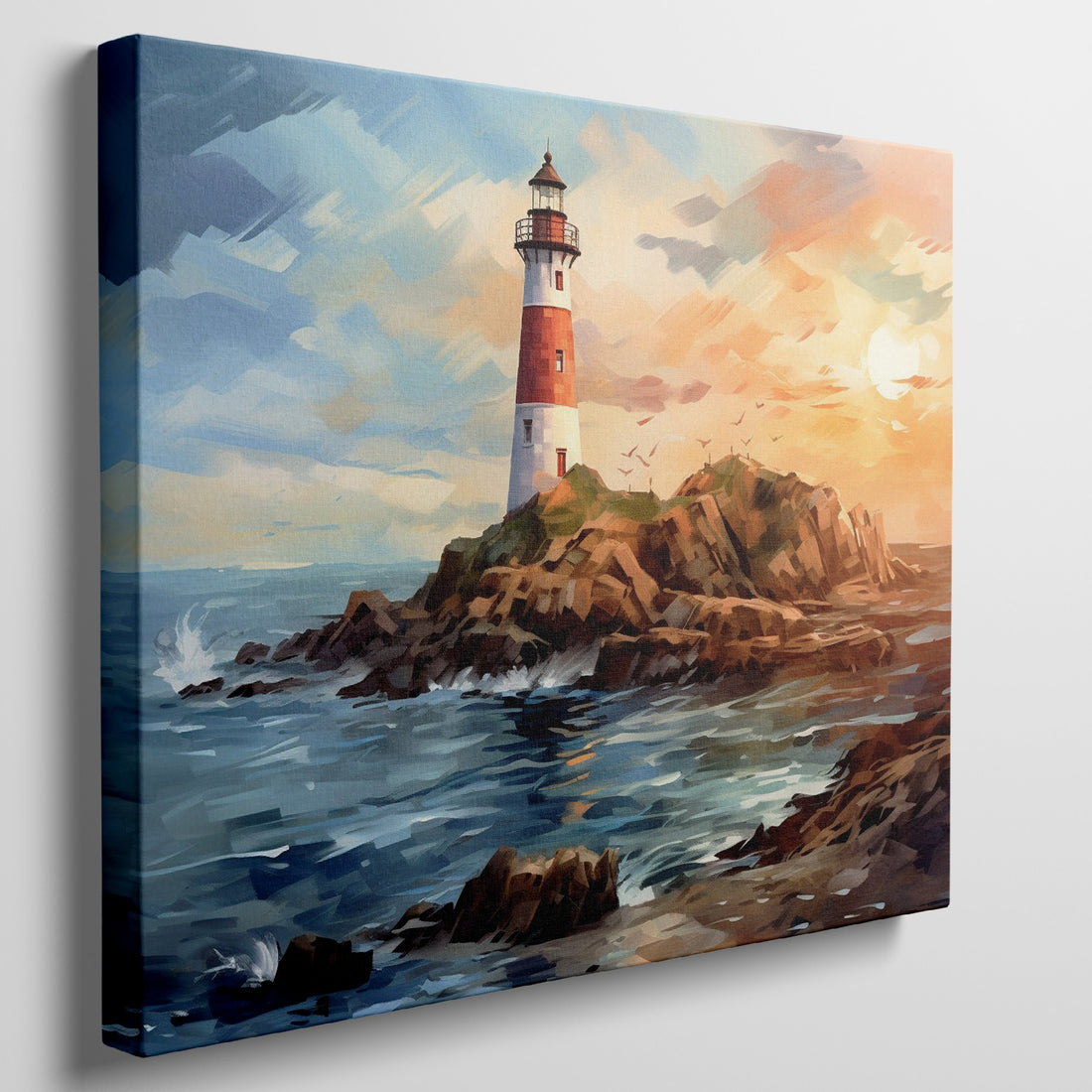 Framed canvas print of a vivid impressionist lighthouse at sunset with dynamic ocean waves