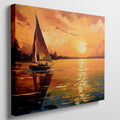 Framed canvas print of an impressionist sailboat against a vivid sunset