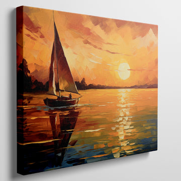 Framed canvas print of an impressionist sailboat against a vivid sunset