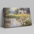 Framed canvas print of a rustic cottage by a peaceful lake with wildflowers in the foreground