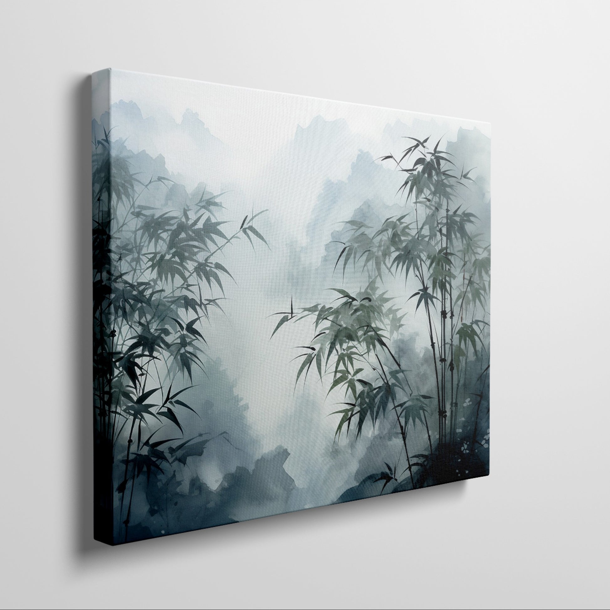 Framed canvas print of misty bamboo grove with mountains in the background