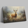 Framed canvas print of an impressionist painting of a stag in a misty autumn forest